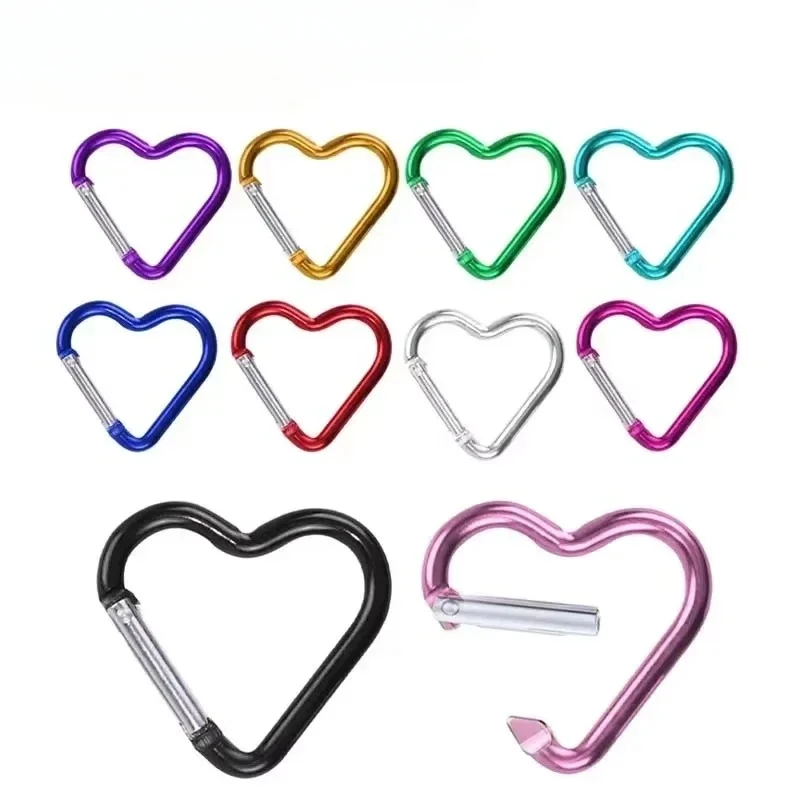 10 Pcs Heart-shaped Aluminum Carabiner Key Chain Clip Outdoor Keyring Hook Water Bottle Hanging Buckle Travel Kit Accessories