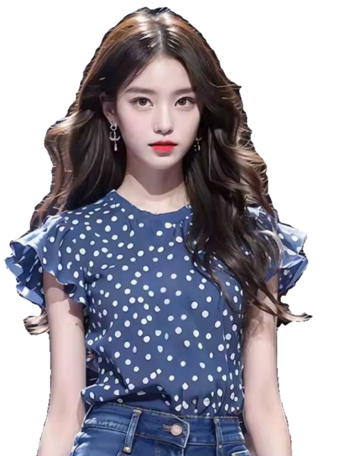   Polka Dot irt Mujer Verano Faionable Svel Ele Azul Estampado Floral Top Coreano Sle Slim Fit Ropa Casual