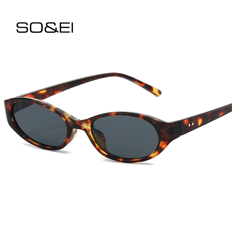 SO&EI Modische Kleine Ovale Punk-Sonnenbrille für Männer UV400 Retro-Nieten Damen Katzenaugen-Leoparden-Sonnenbrille