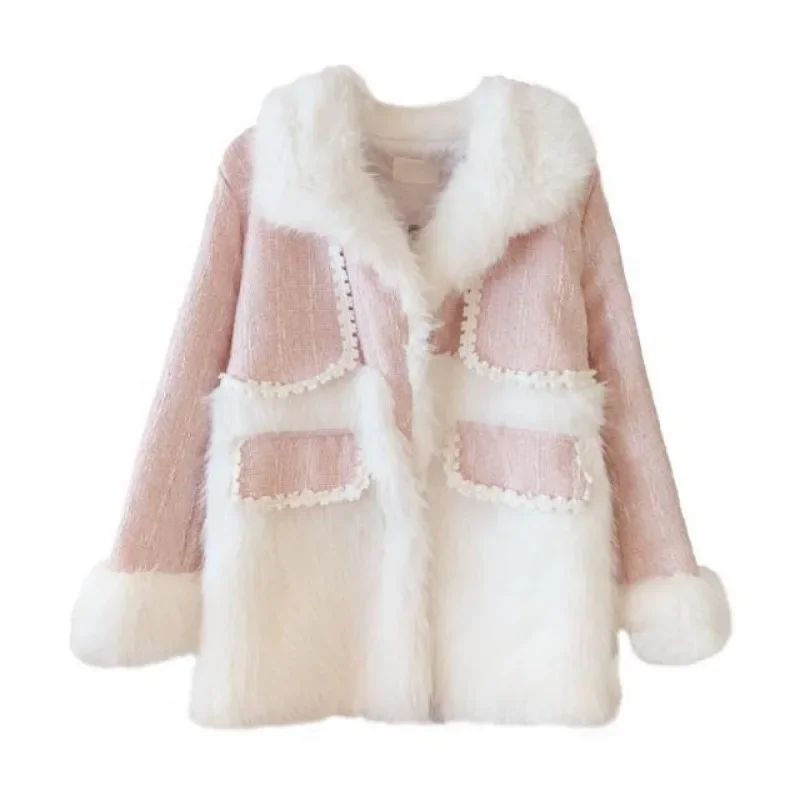 New Female Lamb Coats For Women Clothing Autumn Winter Jackets 2024 Sweet patchwork Outerwear Girls E3187