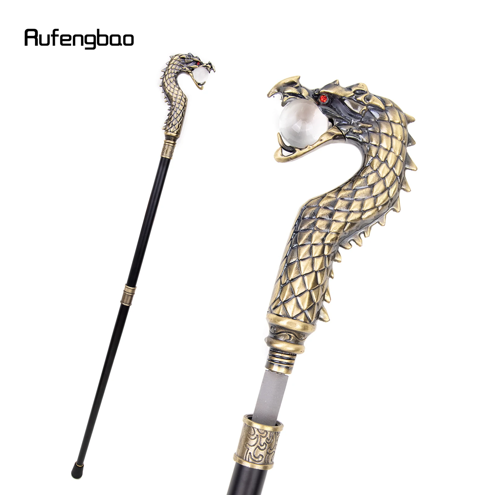 Golden Dragon Head Bite Ball Walking Stick with Hidden Plate Self Defense Fashion Cane Plate Cosplay Crosier Stick 93cm