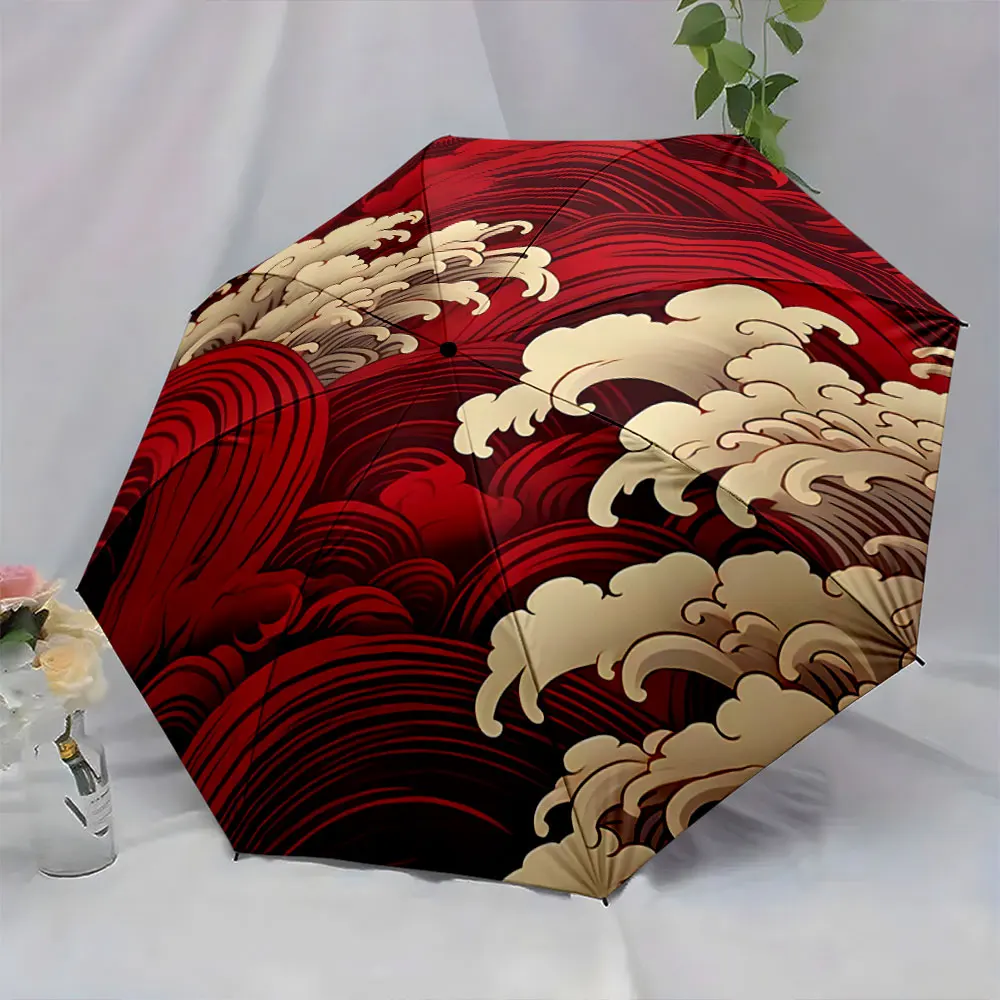 1PC Elegant Red and Gold Wave Umbrella for Art Lovers Print 8 Iron Ribs Folding Umbrella Auto-Open Fashion Sunshade