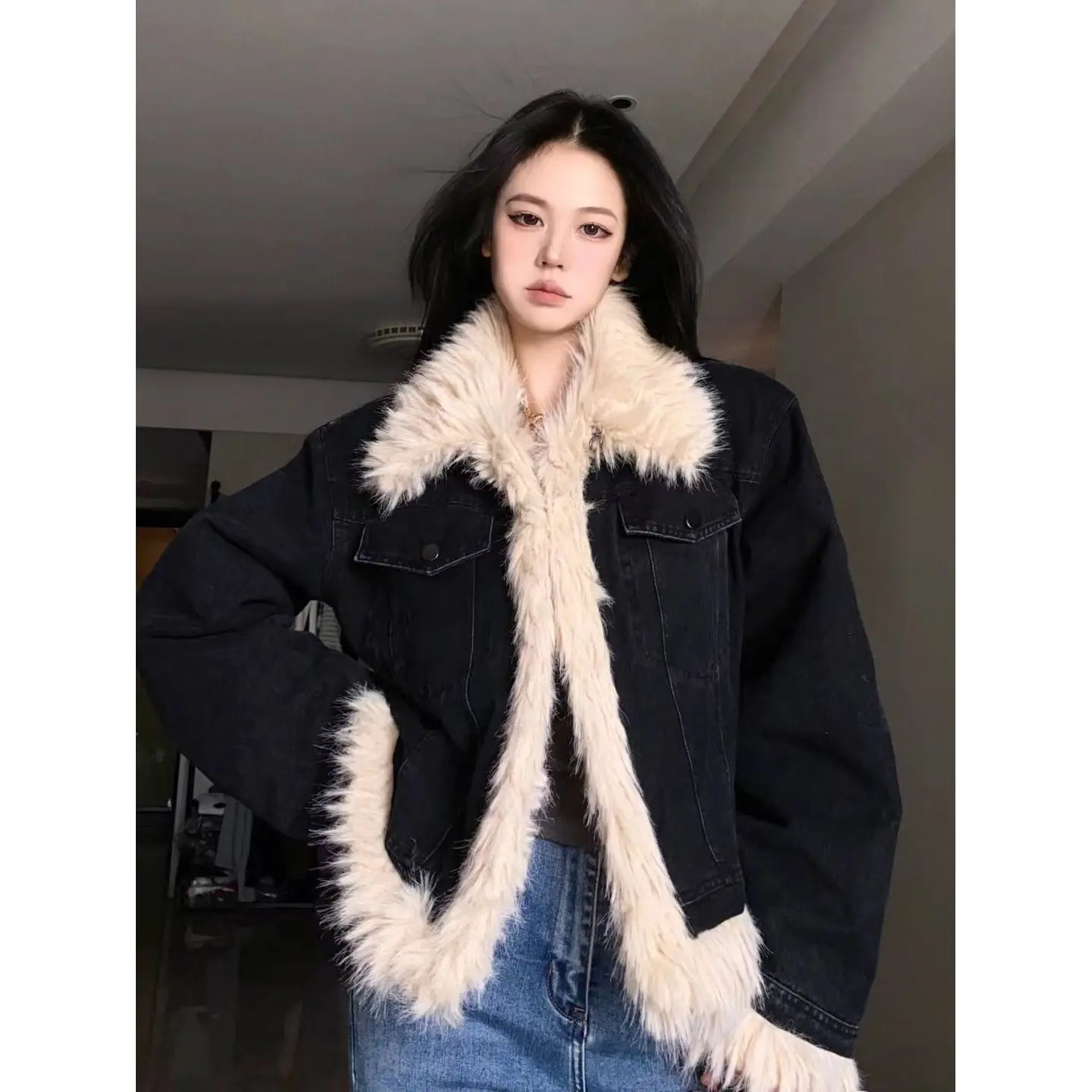 

Джинсовые пальто со стразами, женские меховые плюшевые женские осенние расклешенные пальто с подкладкой на талии, аппликации для ночного клуба, гранж-фестиваль