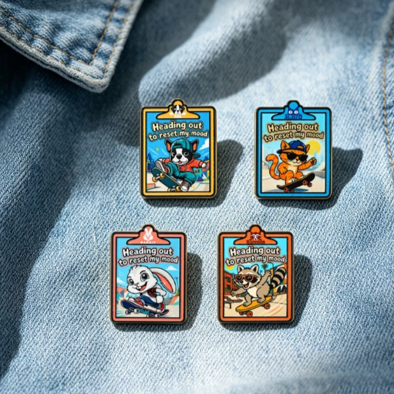Cute Skateboard Animal Enamel Pin Heading out to Reset My Mood Brooch Dog Cat Rabbit Raccoon Lapel Badge Clothing Jewelry Gift