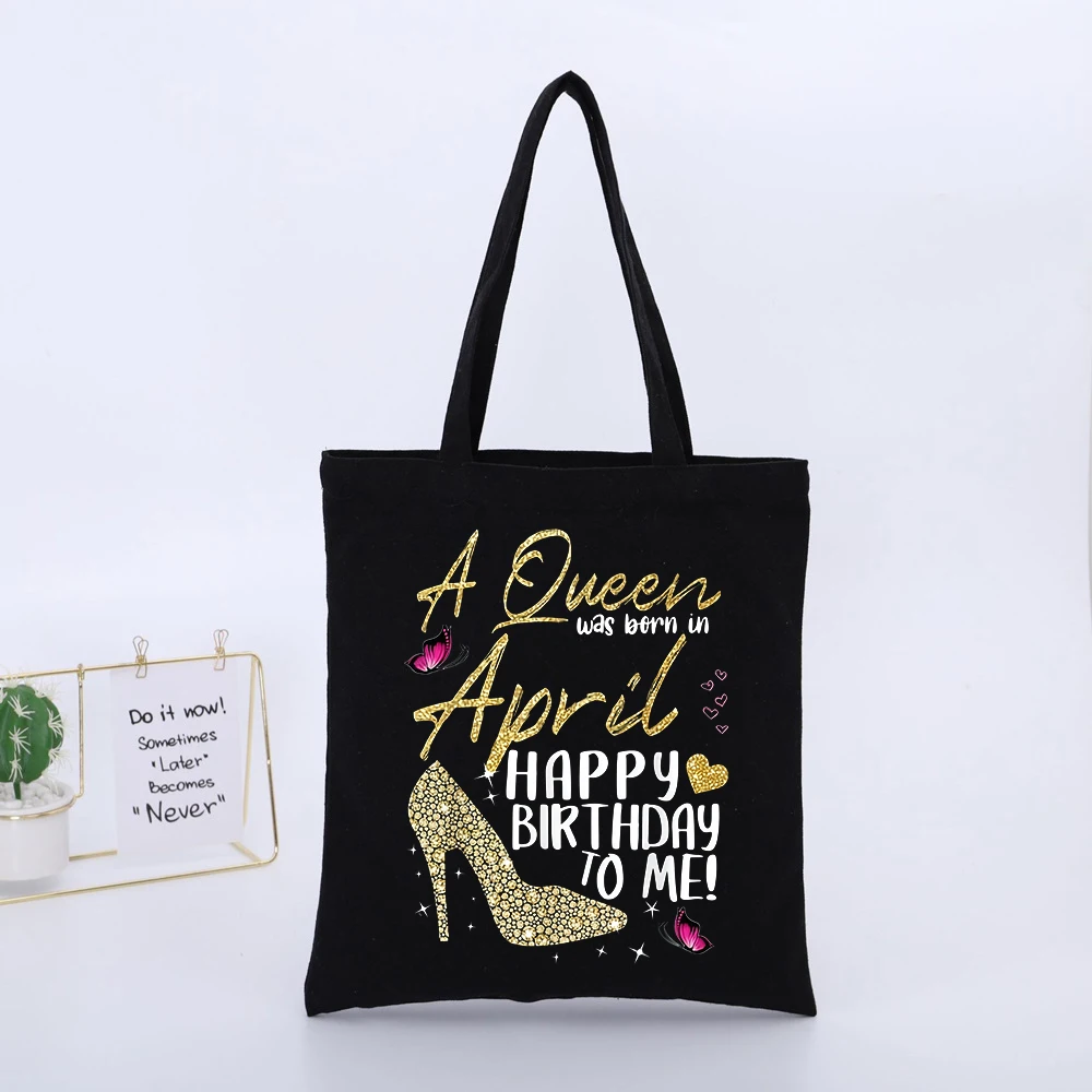 Women's April Birthday Queen Typography Canvas Tote Bag, Casual Style for Daily Shopping and Celebrations