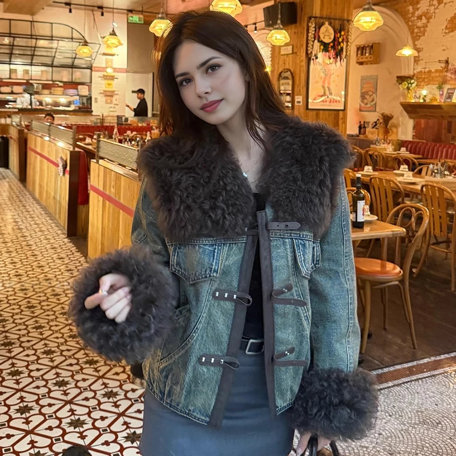 

Women's Denim Jacket With Fur Collar Real Lamb Fur Jacket Down Jacket With Sheep Fur Cuffs Coat Hot Selling Natural Fur Jacket
