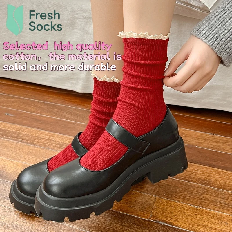 

7pairs Cute Lace Mid Tube Women Socks Fashionable Young Girls Decorative Socks Japanese Ruffled Style Autumn Winter Stockings