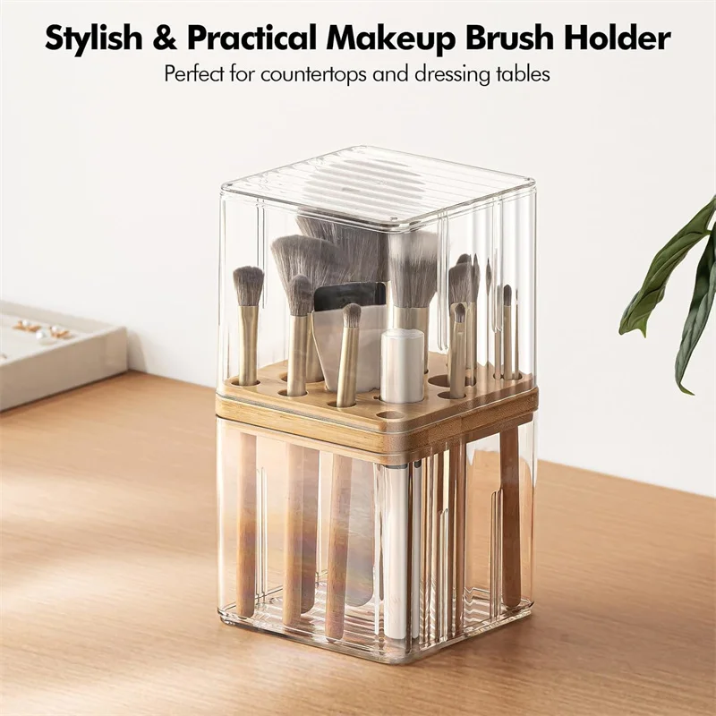 Organizador de cosméticos acrílico de madera a prueba de polvo para brochas de maquillaje y lápiz labial, caja de almacenamiento de brochas de maquillaje de varios niveles con soporte para teléfono