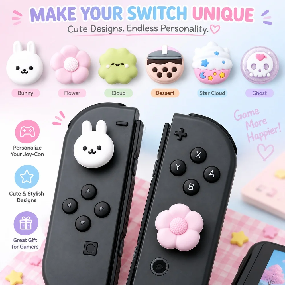DATA FROG Cute Silicone Thumb Grips Compatible with Switch OLED Lite for Joycon Joystick Caps Cover 3D Bunny Flower