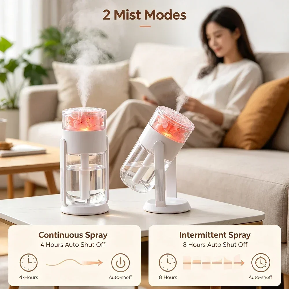 Mini Preserved Flower Humidifier with Colorful LED Light, 360° Rotating Cool Mist for Car Home Office Desk, 280ml