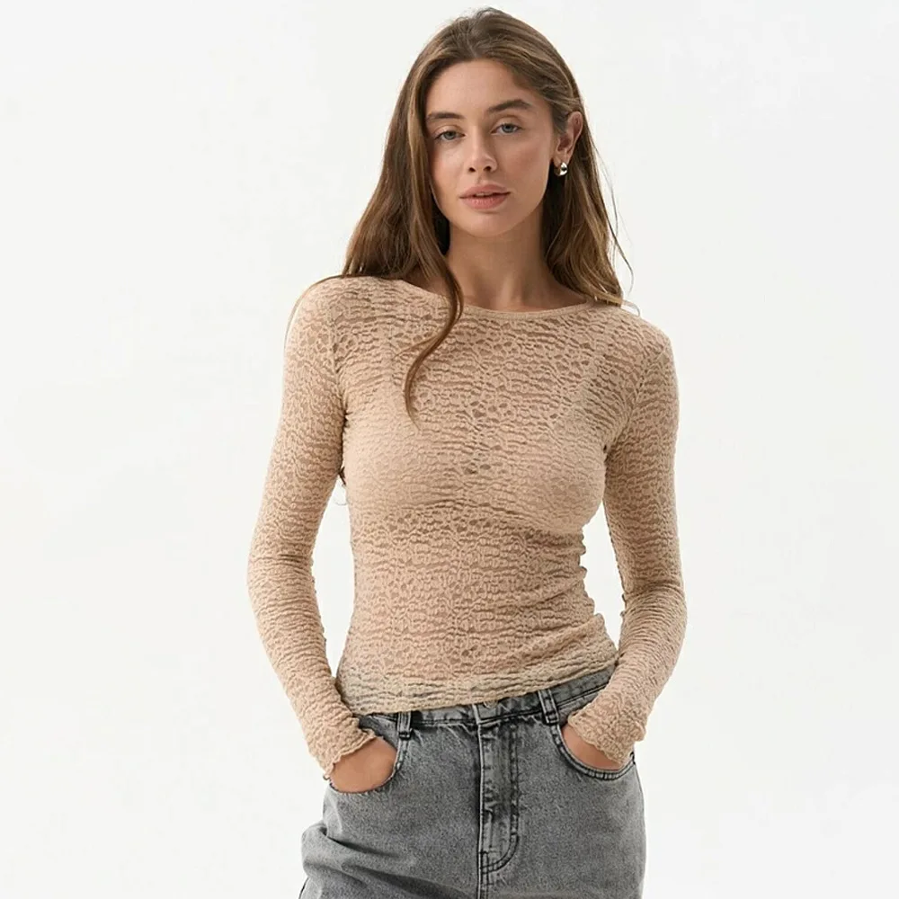 2025 Autumn Women's Sheer Lace Tops Slim Solid Color See Through Round Neck Long Sleeve Undershirts Spring Casual Streetwear New