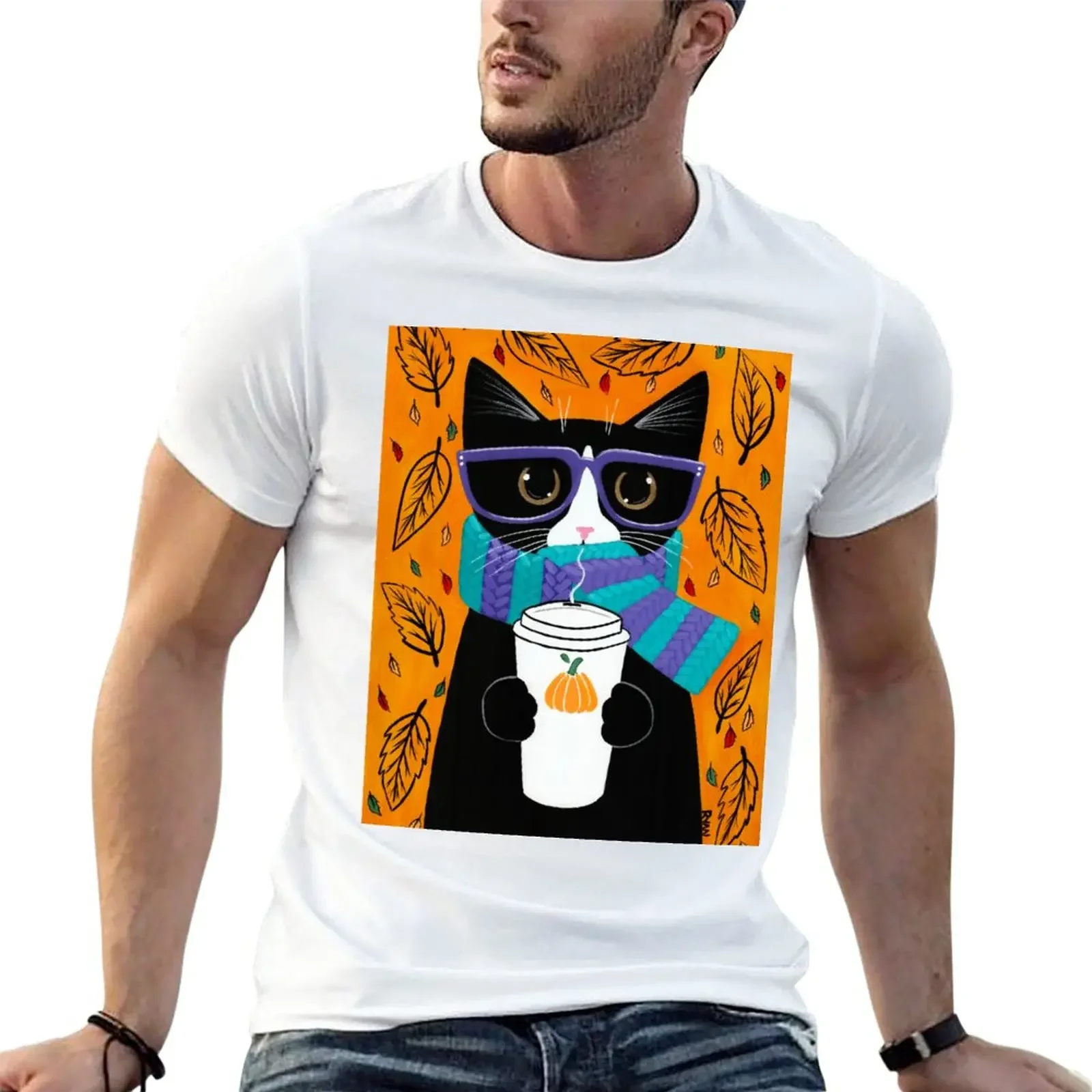 Tuxedo Autumn Coffee Cat T-Shirt blacks Aesthetic clothing t shirts for men pack