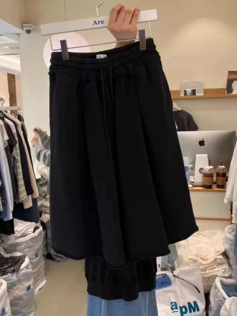 

plus Size Women's Drawstring Elastic Waist Wide Leg Pants Summer Casual Loose Fit Five-Quarter Length Frayed Hem Casual Pants