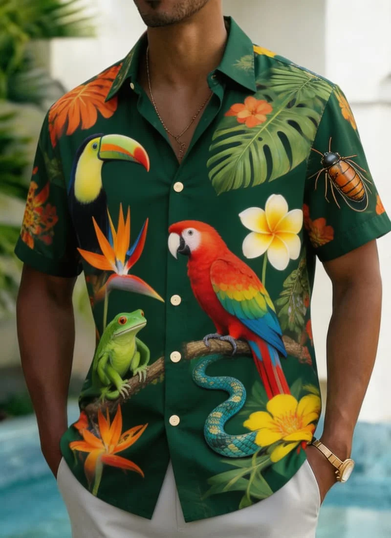 

Men's Vibrant Vacation Tropical Animal Print Shirt, Bold Exotic Style for Summer Parties, Beach Events, Vacation & Daily Looks