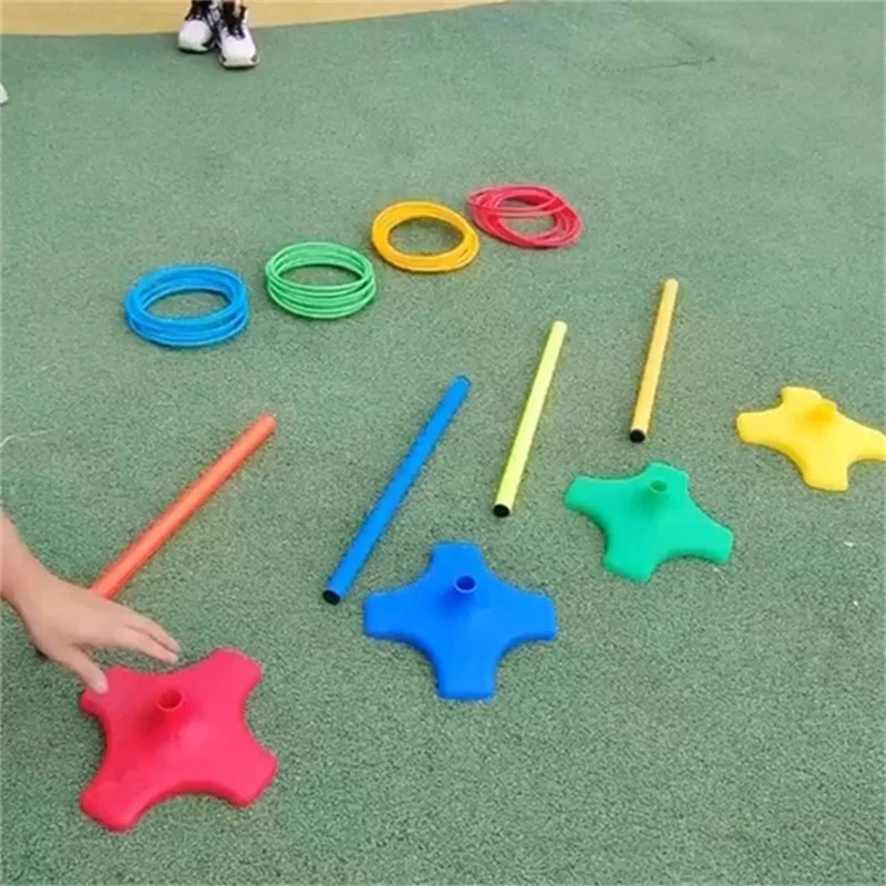 4 Poles 32 Throwing Hoops Children's Throwing Hoop Outdoor Parent-Child Interactive Hoops Plastic