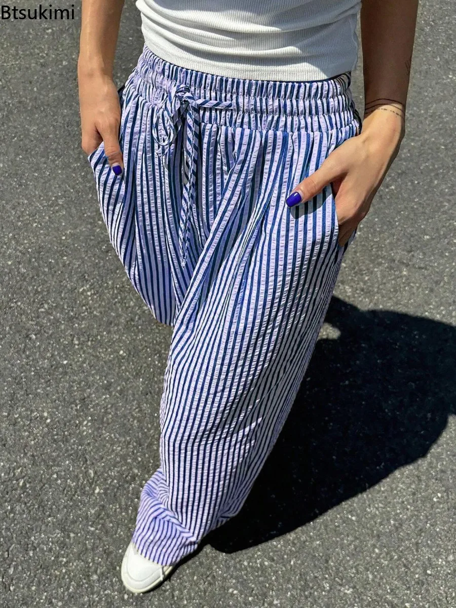 2026 Women's New Striped Straight Leg Pants Relaxed Fit Casual Lounge Trousers Versatile All Season Elastic Waist Pants Female