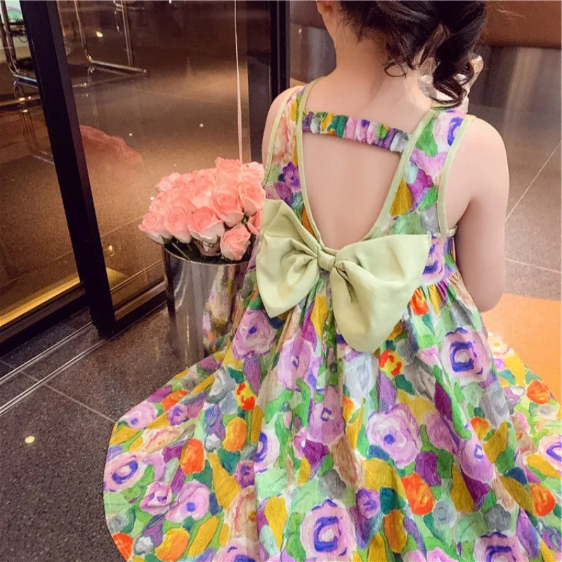 

Girls' backless dress summer style children's floral sweet bow dress 3-8 years old children's clothing