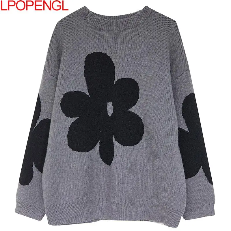 Frauen Herbst und Winter neue koreanische Boden lange Ärmel Blumen O-Ausschnitt Pullover A-Straight Vintage Pullover Trend Top