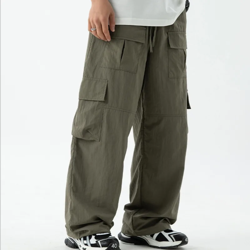 Pantalones Cargo multibolsillos para hombre, pantalón holgado de pierna recta, plisado, Color sólido, cintura elástica, estilo Hip Hop, para