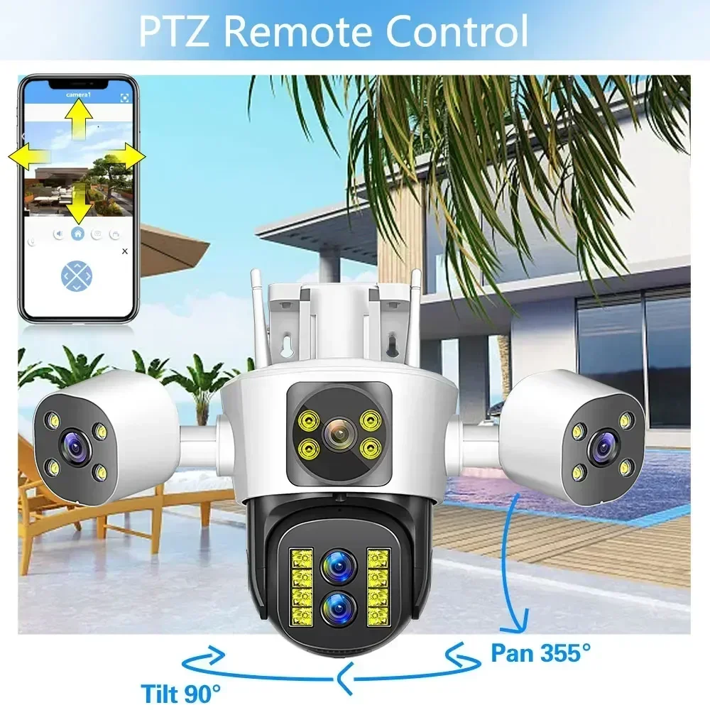 16MP 8K كاميرات أمنية WiFi أربعة لين ثلاثة شاشات 10X التكبير في الهواء الطلق PTZ كاميرا فيديو تتبع السيارات 6K كاميرا مراقبة مقاومة للماء