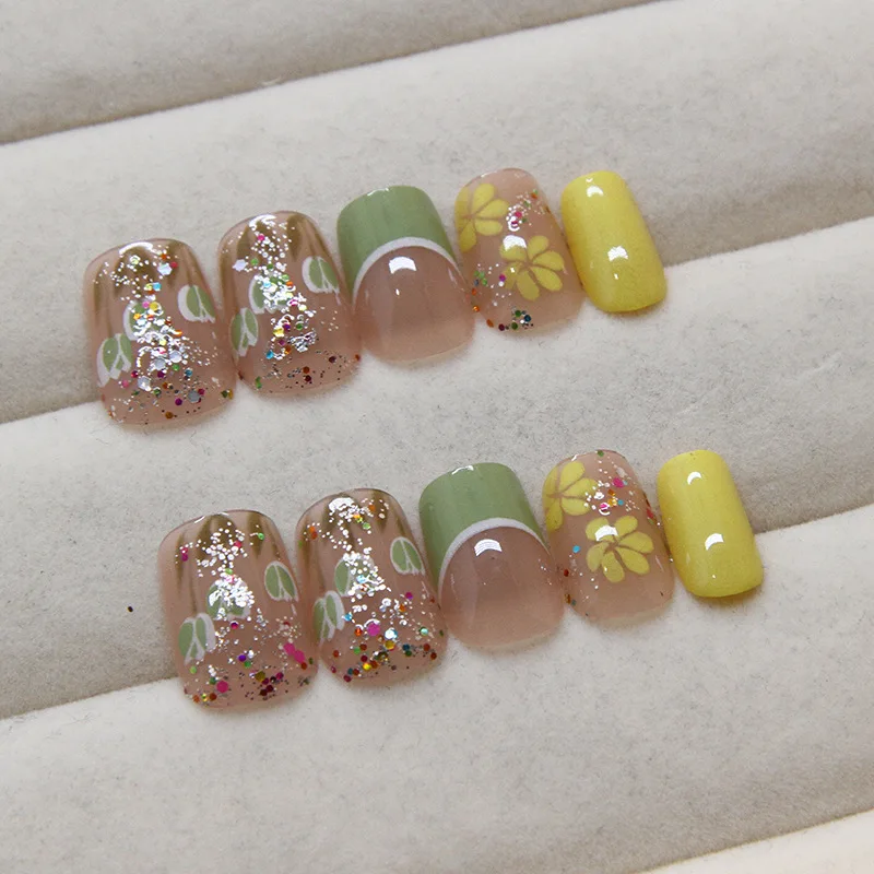 24pcs Short Coffin Press-On Nails - Solid Yellow With Tulip Glitter Accents Spring Vibes (Multi-Size Fit)