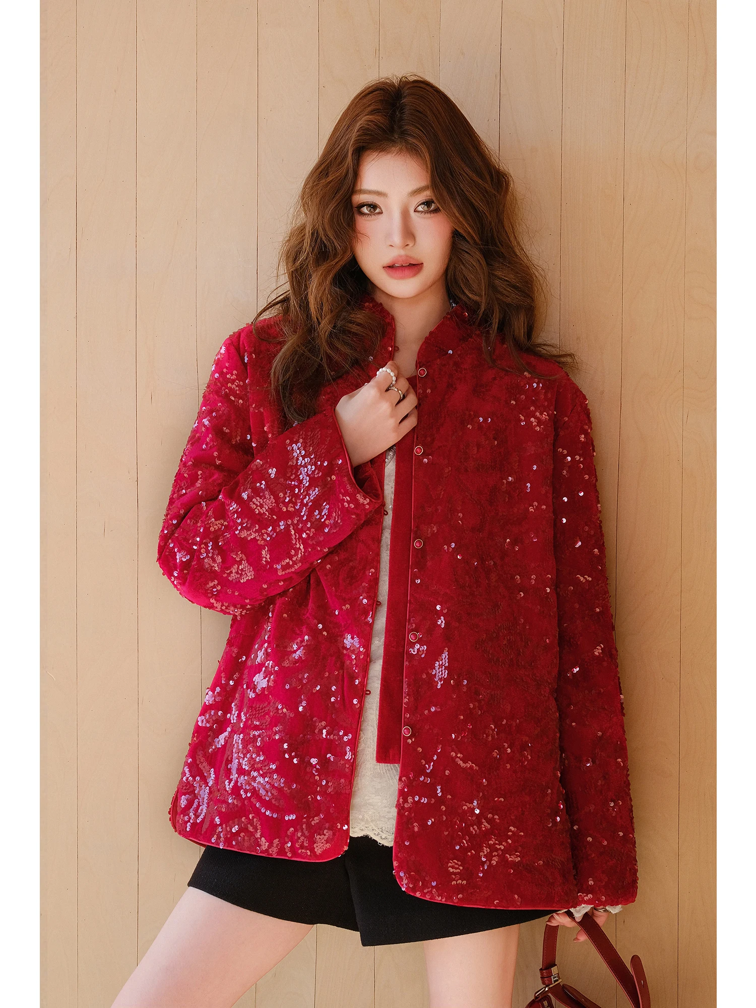 

MIUCO Chinese Sle Velvet Jaet with Cotton Casual Warm Stand Collar Improved Tang Suit Red Sequins Women's Coat