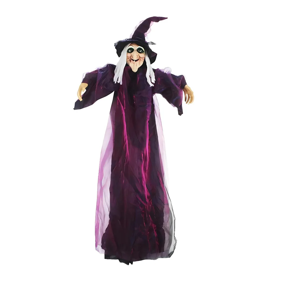 New 5.3 FT Life Size Animated Hanging Talking Witch with Sound Activation and Red Eyes for Halloween Party Haunted House Props