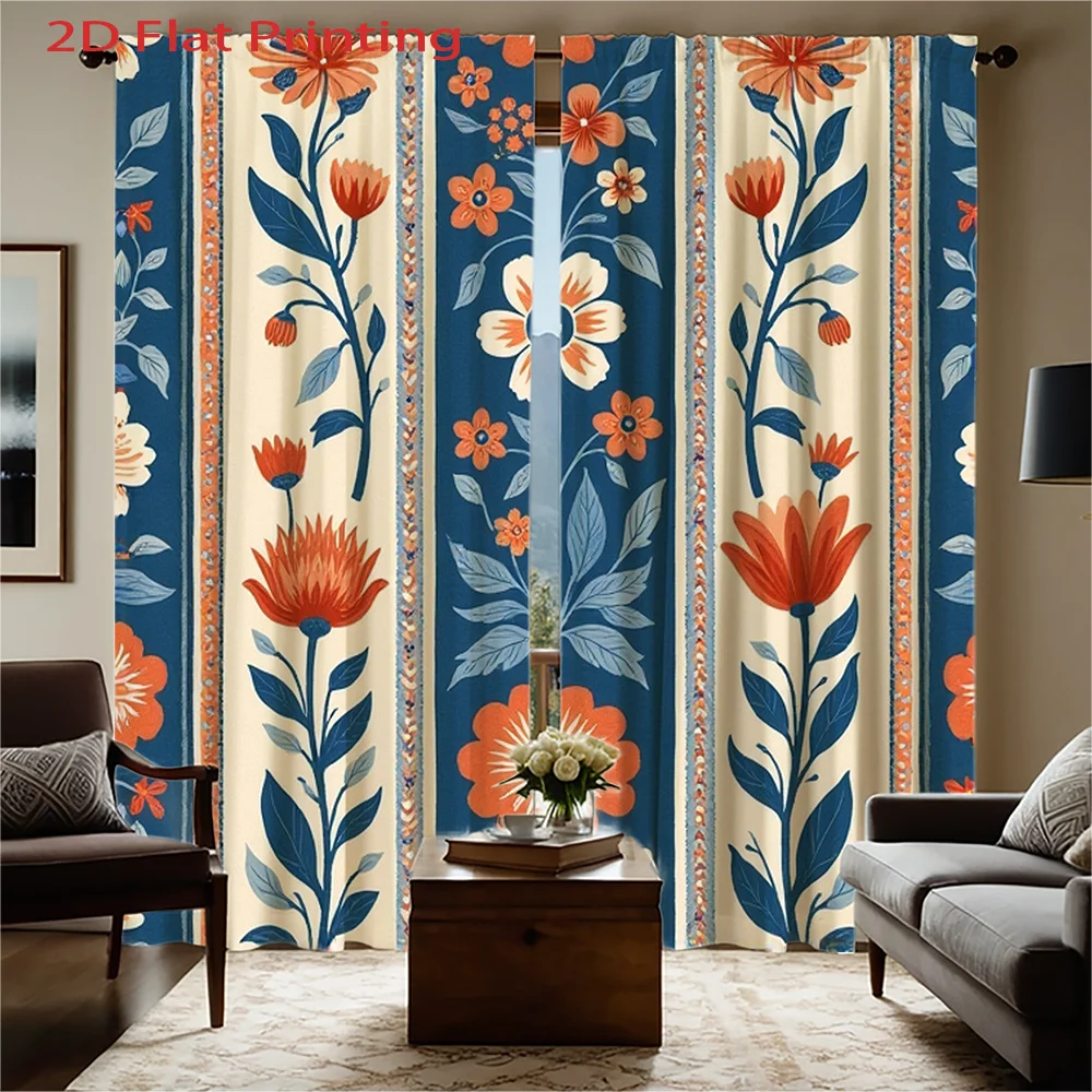 2D Flat, 2pcs Blue Floral Print Curtains with Orange Red Flowers & Green Leaves - Semi-Sheer Textured Fabric, Navy Blue Backgrou