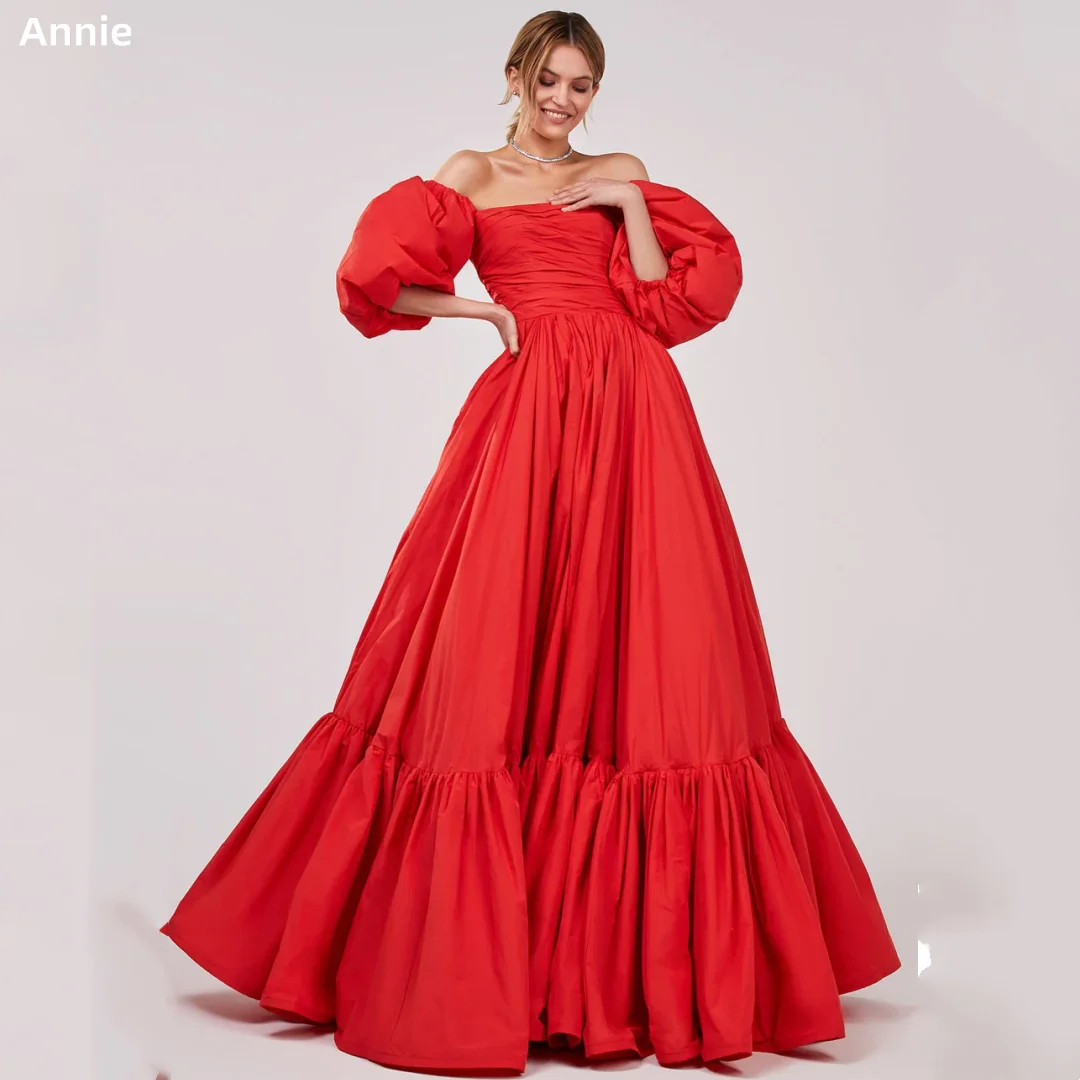 Annie Red Graduate Prom Dresses Puffy Puff Sleeves Dresses Sexy Off-the-shoulder FormalOccasions Party Dresses Vestidos De Noche