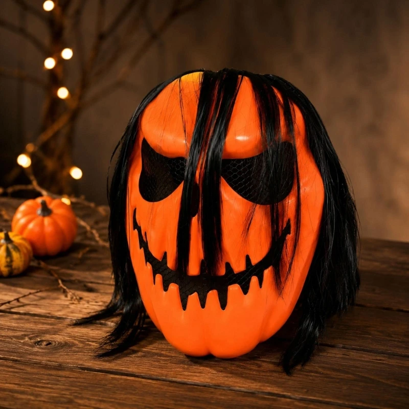 DXAE Molded-Shell Pumpkin Costume Mask with Long Attached Black Hair for Halloween