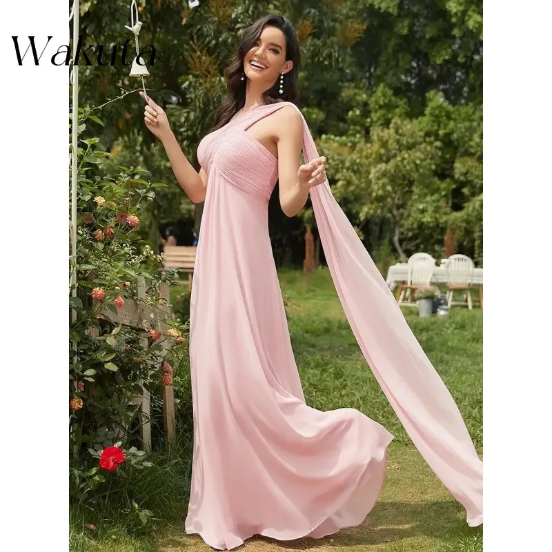 

Wakuta Elegant One-Shoulder Strapless Evening Robe Chiffon A-Line Bridesmaid Women Dresses Wrinkled Shawl Commemorative Gowns