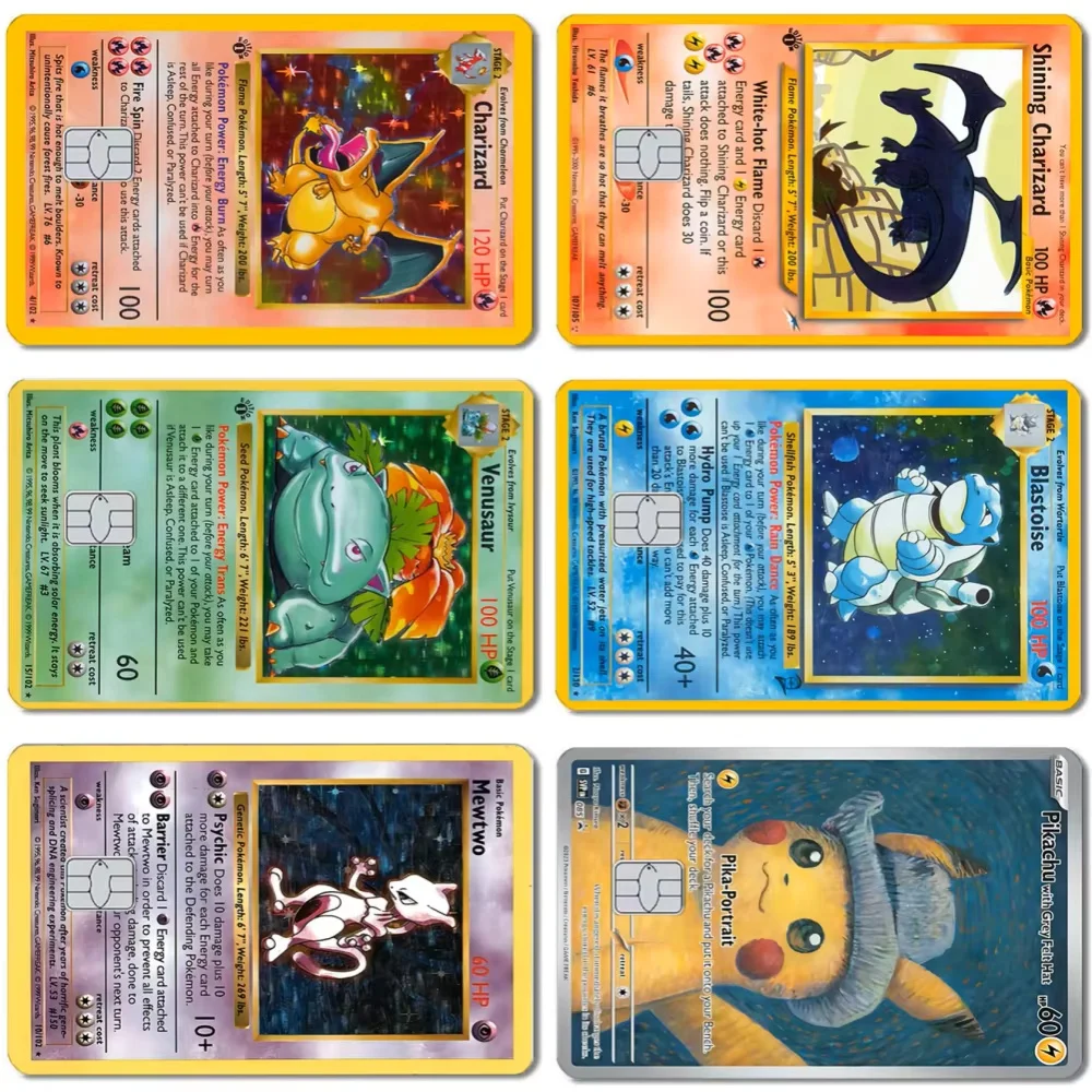 Pokemon Cartoon PVC Hd Matte Stickers Film Kawaii Pikachu blastoise venusaur Small Chip Debit Cards Front Decorative Decals Skin