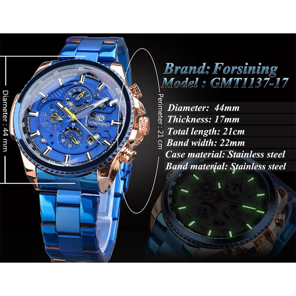 Forsining Rose Golden Case Bluesteel 3 Dial Multifunction Mens Business Sport Automatic Mechanical Wrist Watch Top Brand Luxury