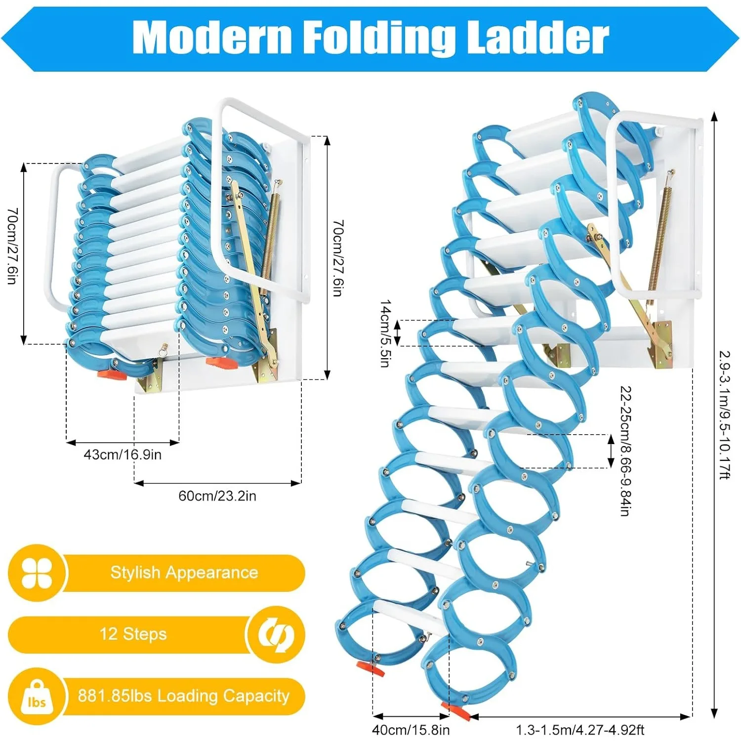 Folding Attic Ladder Pull Down System Wall Mounted Attic Stairs Loft Collapsible Ladder with Armrests, NOT Suitable for Ceiling