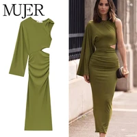 MUJER-vestido largo drapeado verde para mujer, vestido Midi asimétrico recortado, vestidos de noche sexys para mujer, vestidos de noche de una manga
