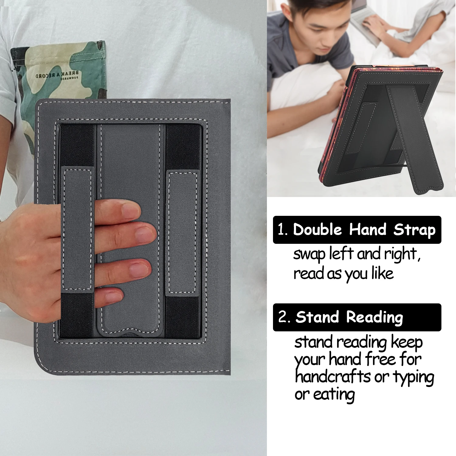 Stand Case for Pocketbook Color/Tonch HD 3/Touch Lux 5/4/Basic Lux 2/3 PB 606/616/617/627/628/632/633 Double Hand Strap Cover