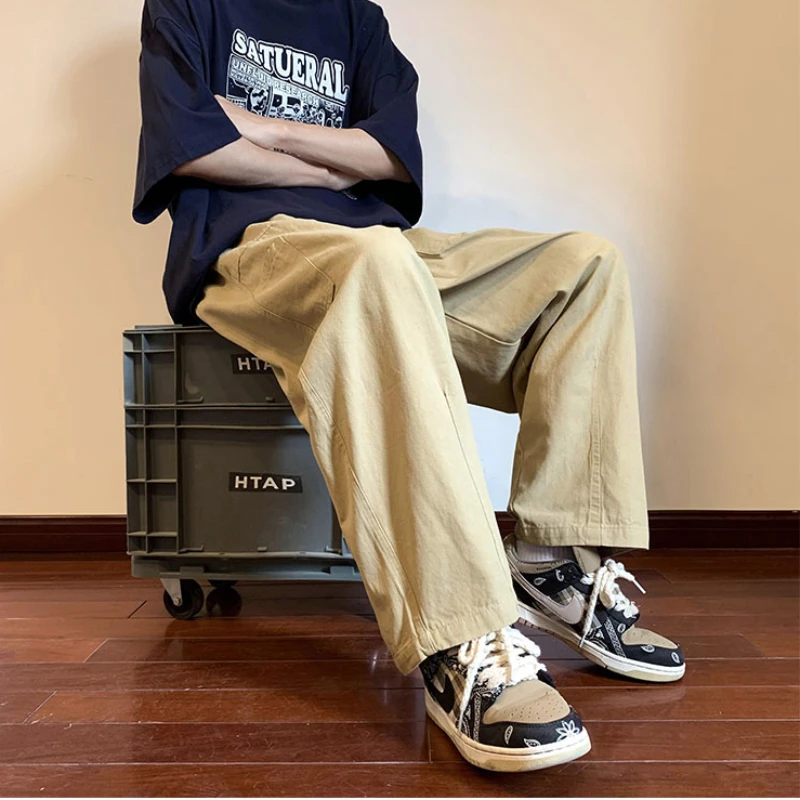 

Wide Leg Pants Men Loose Mid Waist Cuffs Simple European Style Retro All-match Unisex Classic Cozy Normcore Spring Summer Chic