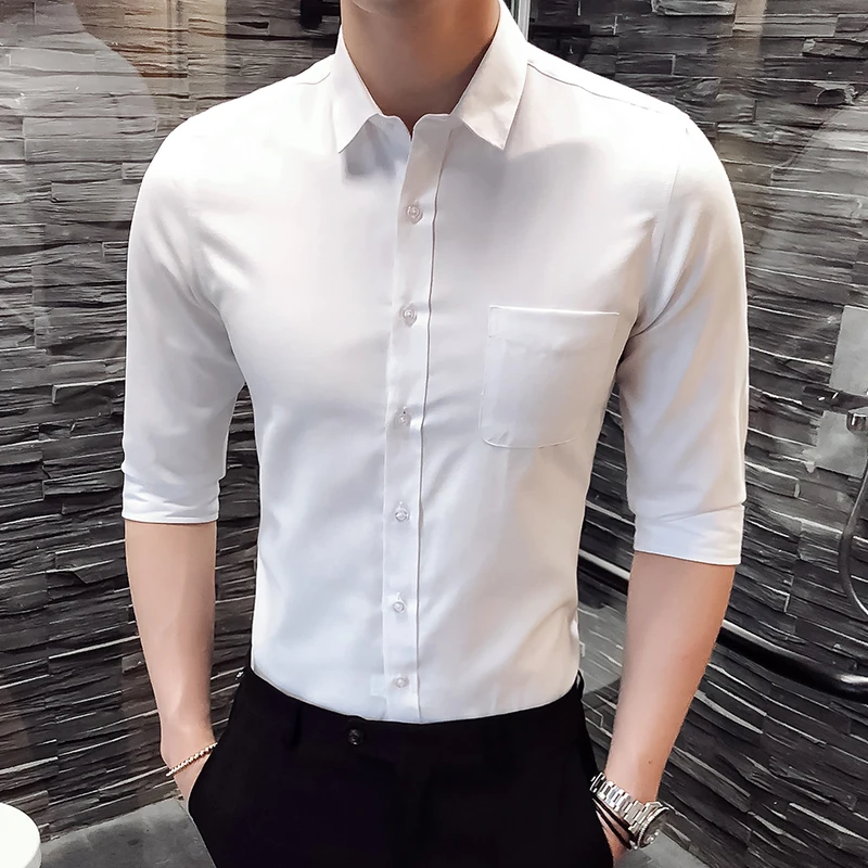 Korean Fashion 3/4 Sleeve Oxford Shirts Men Clothing Chest Pocket Slim Fit Casual Blouse Homme