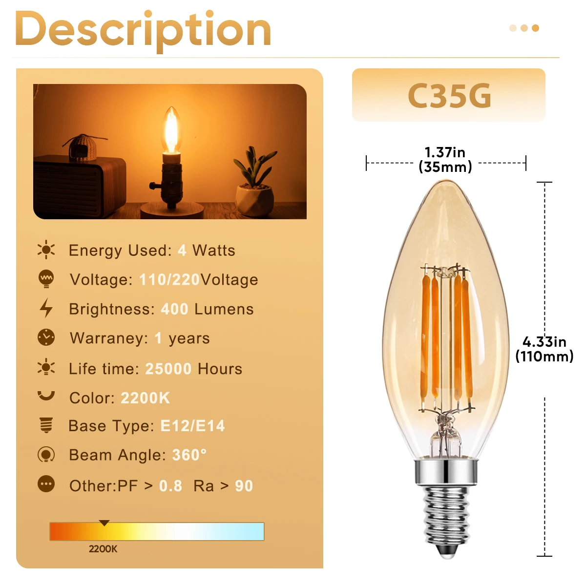 Dimmable Candle Shape LED Lights Bulb, Warm White Indoor Chandelier, Flame Filament Lamp, Decoração para casa, C35, E14, 220V, 4W, E12, 110V