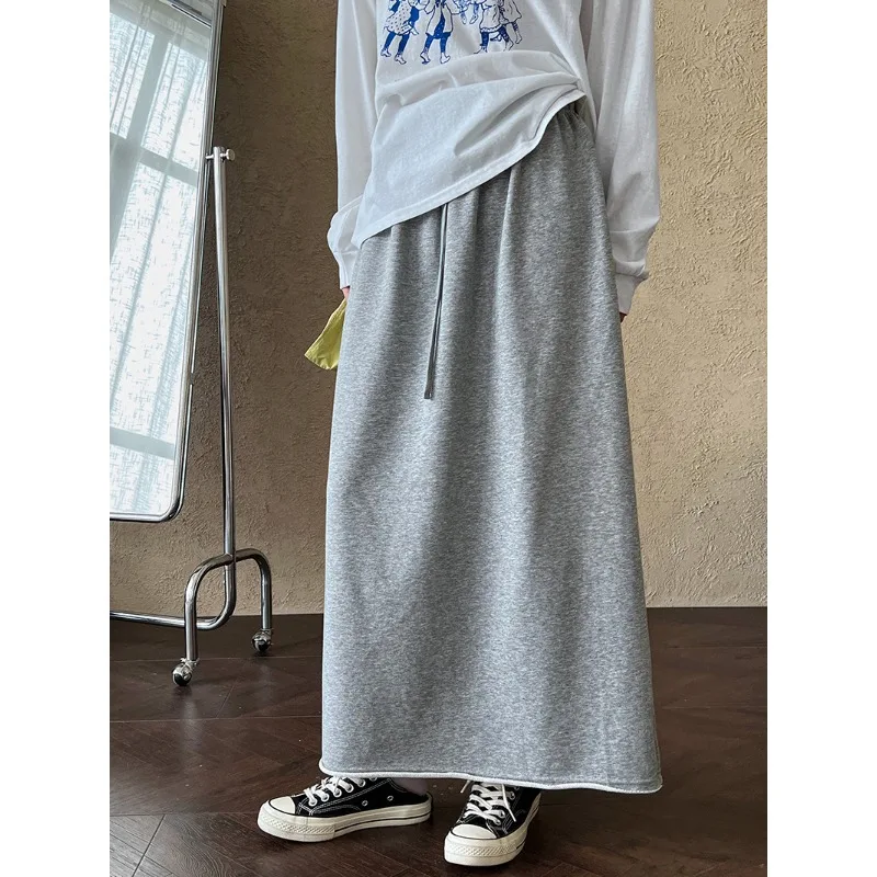 Women Korean Style Fashion Minimalist Casual Gray Black Sweatshirt A-Line Maxi Skirt Spring Fall Elastic Waist Loose Long Skirts