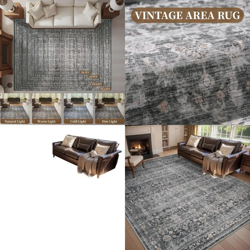 

Винтажный серый коврик 5x7 — мягкий потертый принт для гостиных, спальни, столовой и офиса — нескользящий, можно стирать в машине