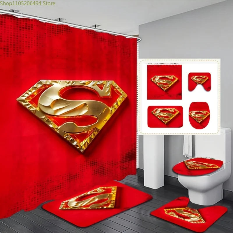 

4pcs Warner Bros, Authorized, Superman Movie Comic Theme Pattern Polyester Shower Curtain Sets with 12 Hooks, Bath Floor Mat,