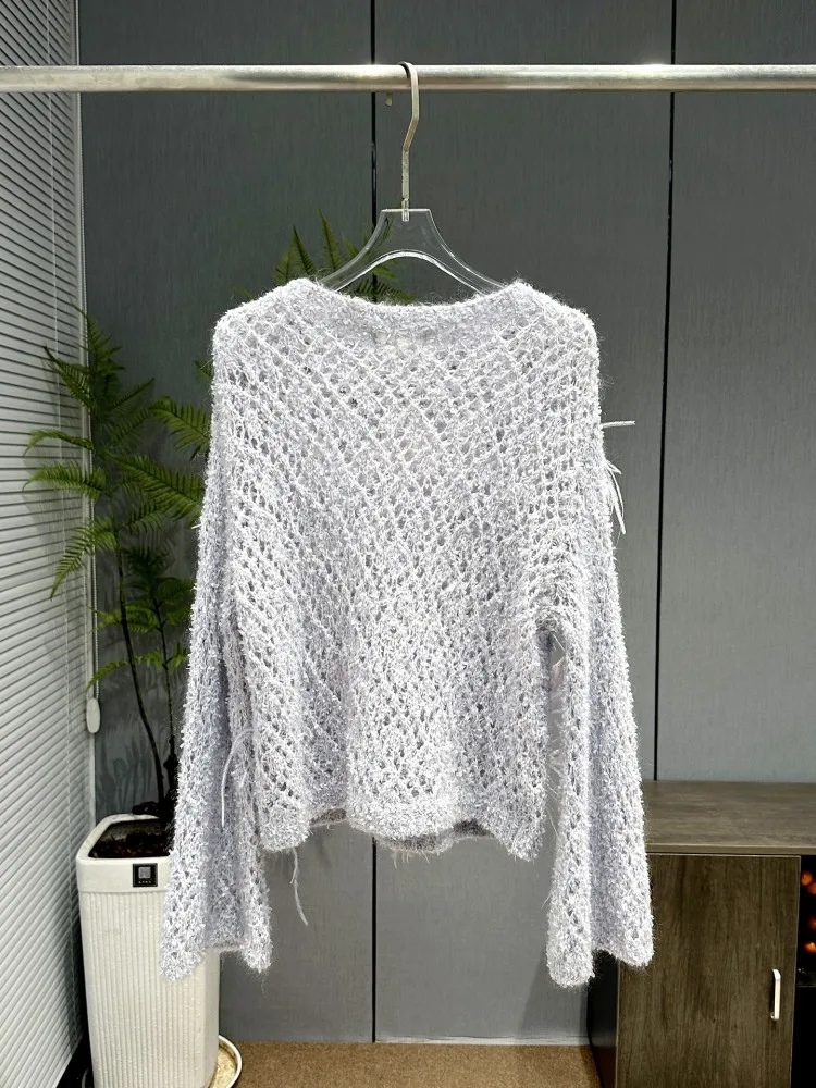 Autumn Hollow Out Feather Women Jumpers O-Neck Sweater Top Long Sleeve Loose Fit Pullover Elegant Sweet Knitwear Knitted Coat