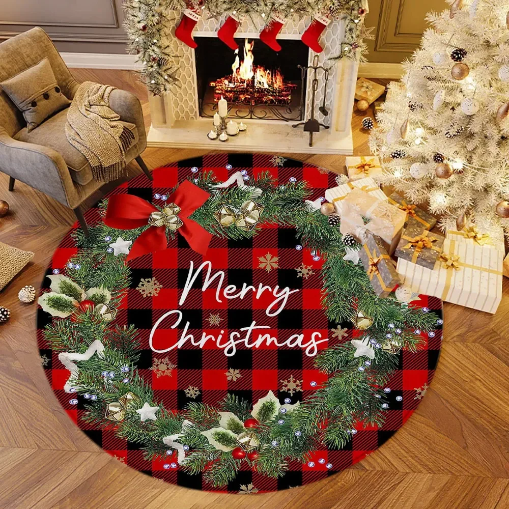 Christmas Round Mat Black Red Checkered Elk Pine Needle Snowflake Creative Circular Carpet Living Room Bedroom Chair Decor Rugs