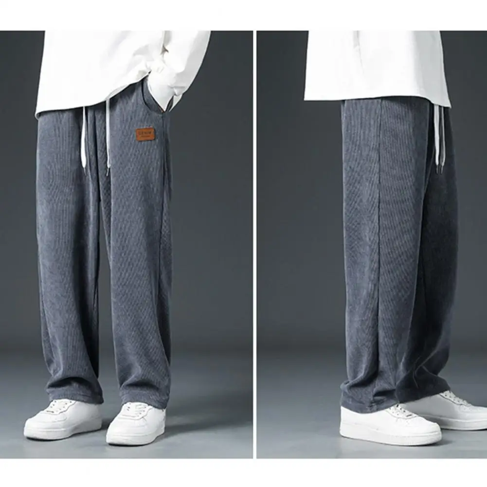 Cold Weather Fleece Bottoms Men's Thickened Plush Wide Leg Sweatpants with Drawstring Elastic Waist Pockets for Fall Winter Soft