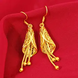 HOYON-pendientes de tuerca con gancho curvo para mujer, color oro puro de 24k, joyería de boda para madre, pendientes de moda que no se decoloran, regalo