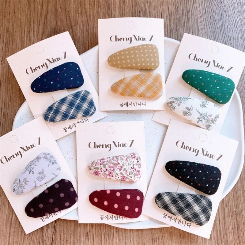 

Тканевые заколки для волос с цветочным, клетчатым и в горошек узором для милых девочек, нескользящие боковые заколки для челки, повседневные аксессуары для волос для малышей