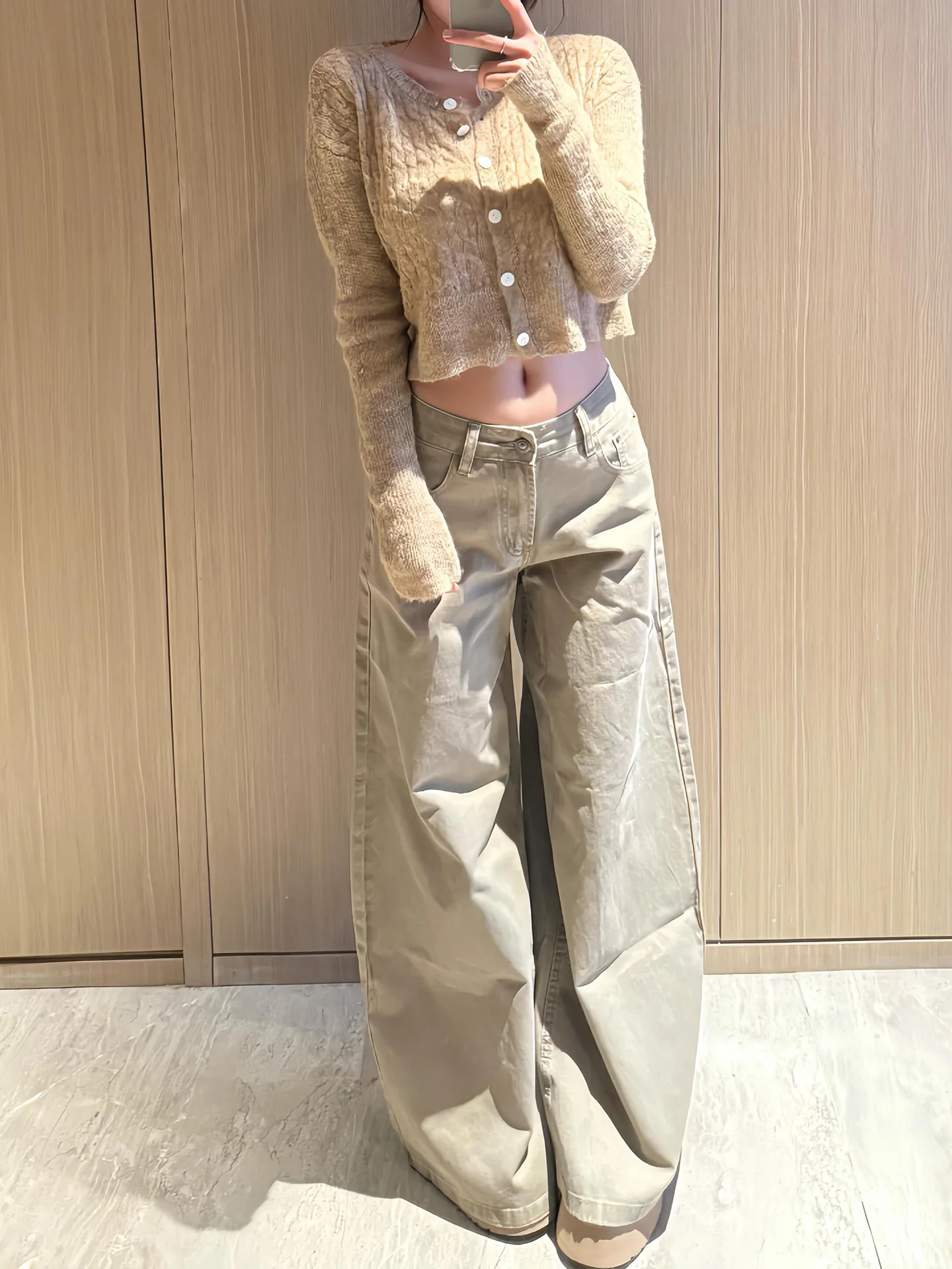 

American Style Khaki Narrow Denim Jeans Women's Summer New Bf Lazy Vintage Washed Wide Leg Pants High Waist Spring Casual