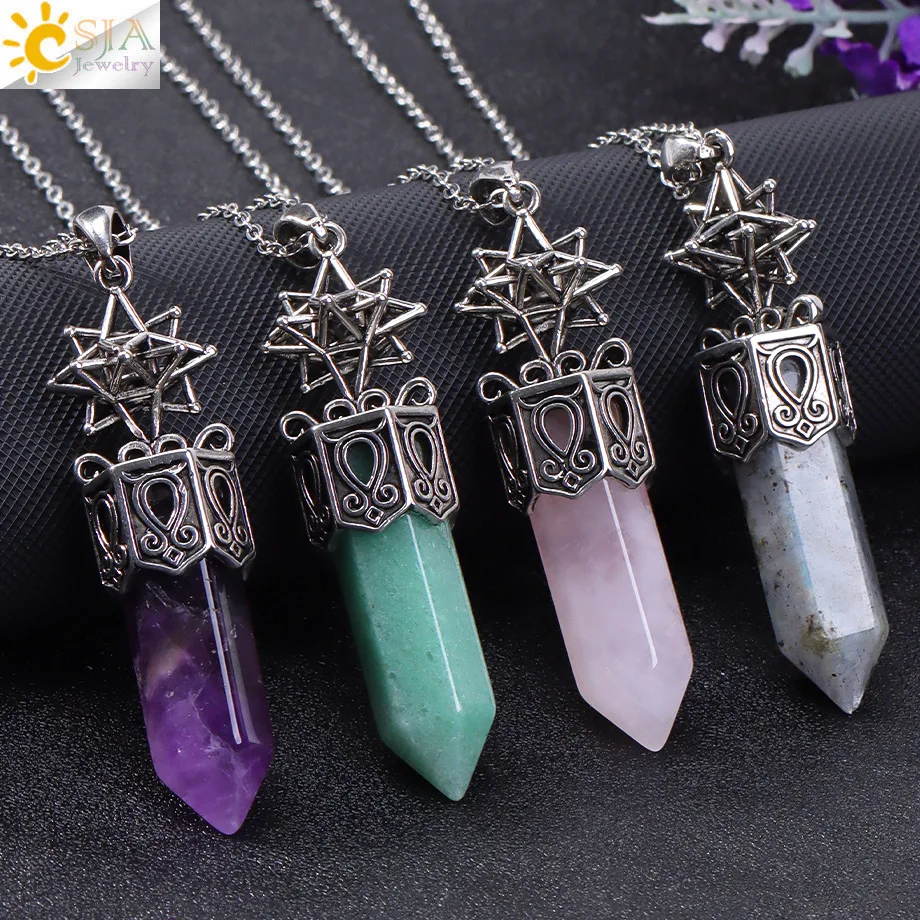 CSJA Natural Stone Necklace Pendant Crystal for Women Men White Crystal Amethysts Fluorite Rose Quartz Jewelry Accessories H695