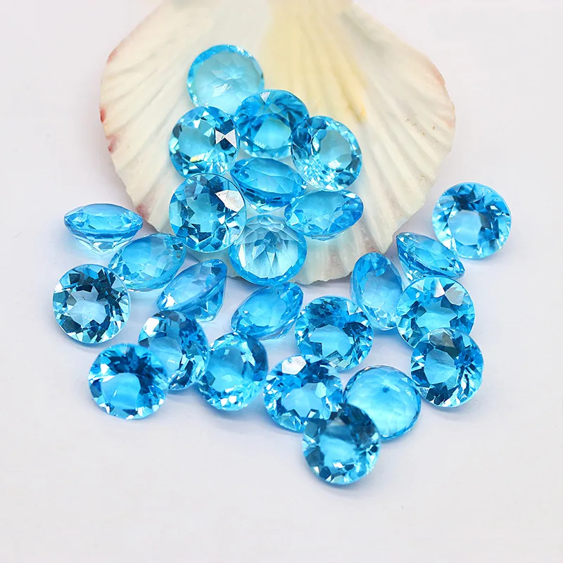 Natural Blue Topaz Swiss Blue Crystal Round Ring Face Bare Stone Jewelry Inlay DIY Manufacturer Direct Supply Production and Who